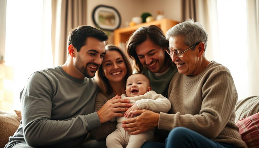 family sharing joy with baby's first smile