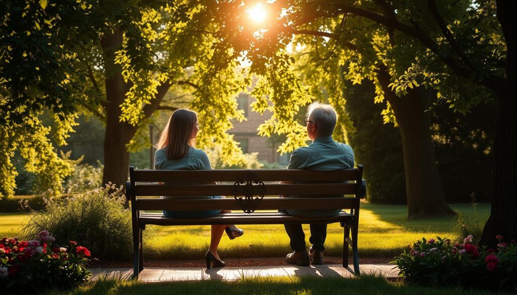 midday stories on a garden bench midday stories on a garden bench
