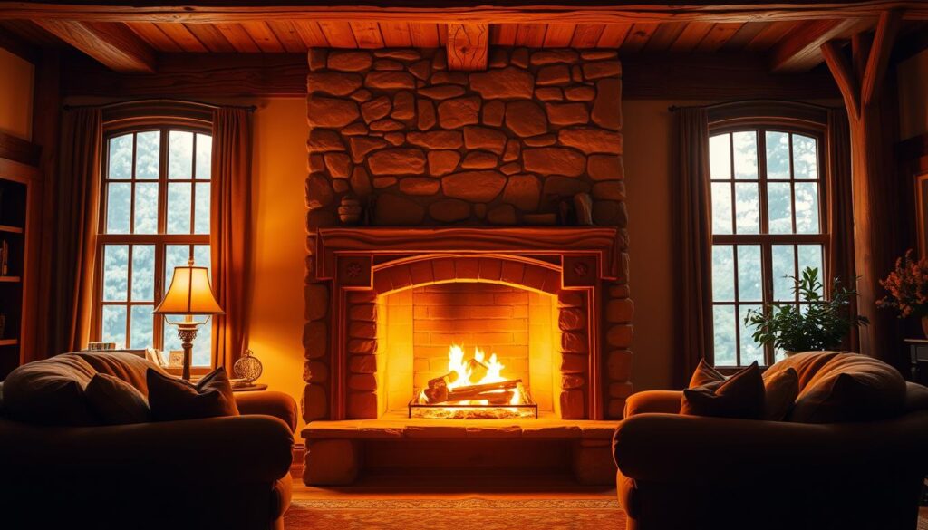 warm hearth experience with stone fireplace